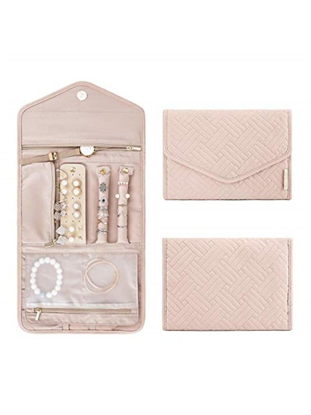 Travel Jewelry Organizer Case Soft Pink Foldable Necklace Ring Earring Storage